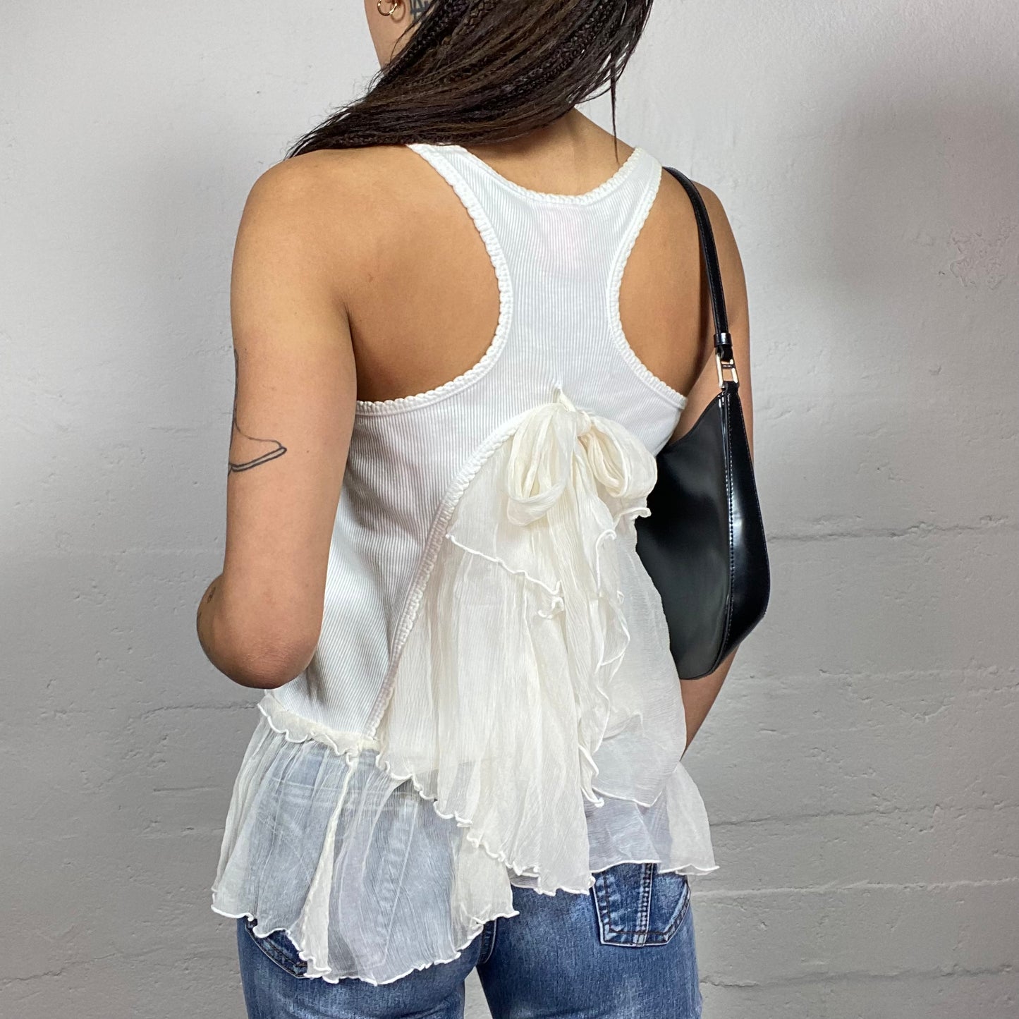 Vintage 2000's Sleaze White Top with Mesh Volant Detail (S/M)