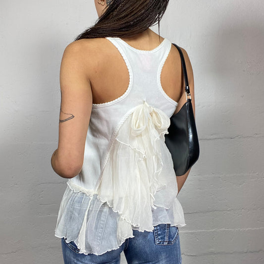 Vintage 2000's Sleaze White Top with Mesh Volant Detail (S/M)