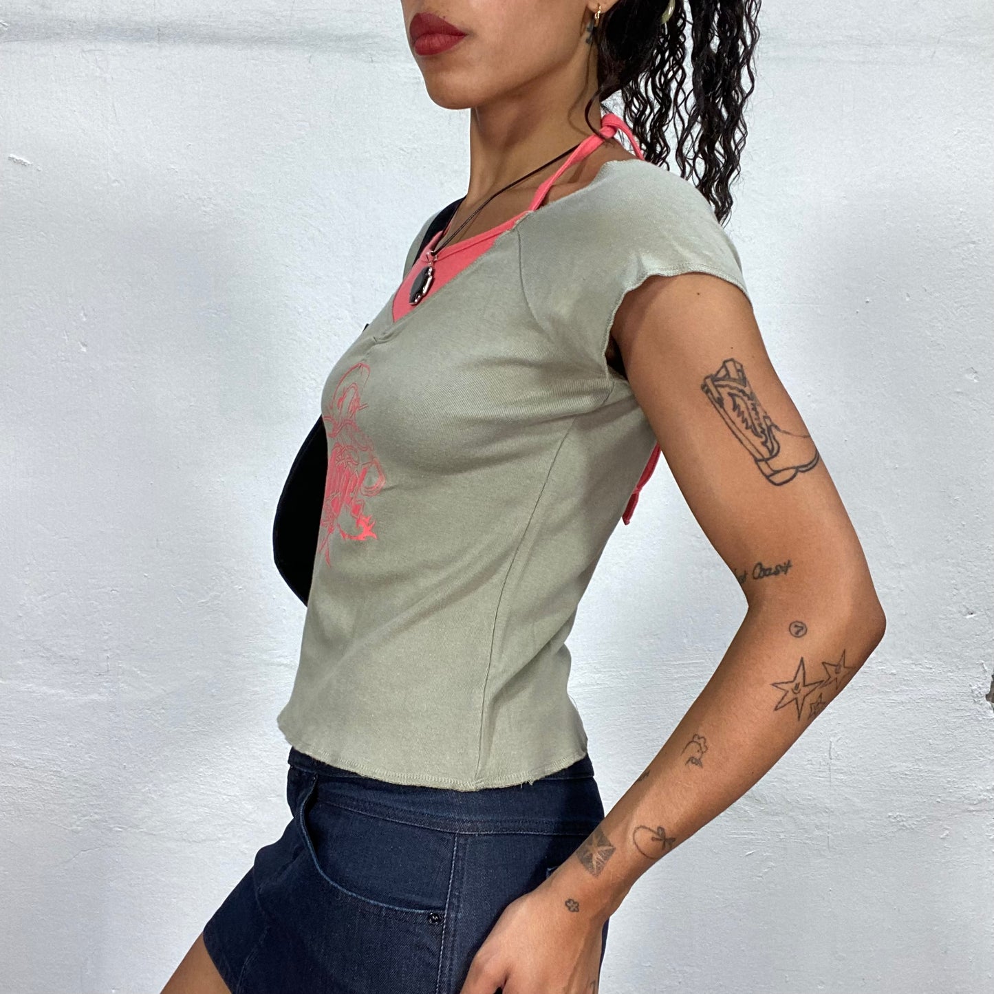 Vintage 2000's Downtown Girl Khaki Layered Top with "Angel" Print (S/M)