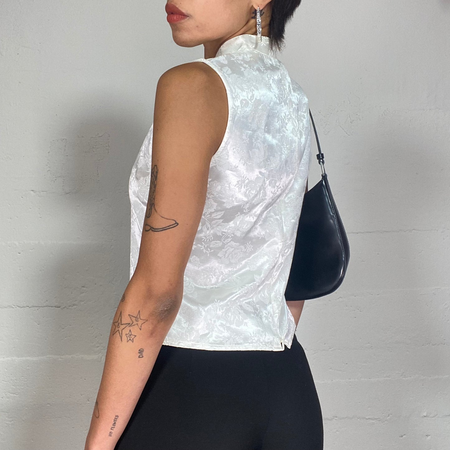 Vintage 90's Classic White High Neck Top with Satined Material and Rose Embellishment (S/M)