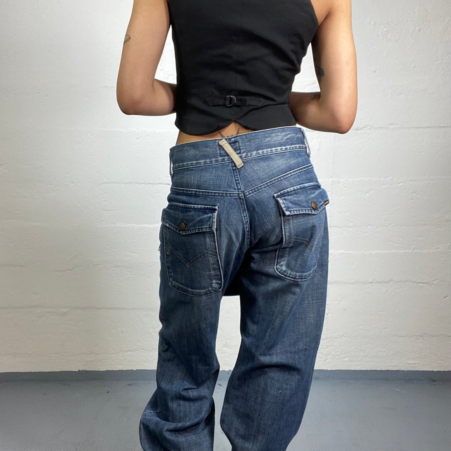 Vintage 90's Rave Girl Denim Cargo Pants with Pockets and Maille Material Detail (S/M)