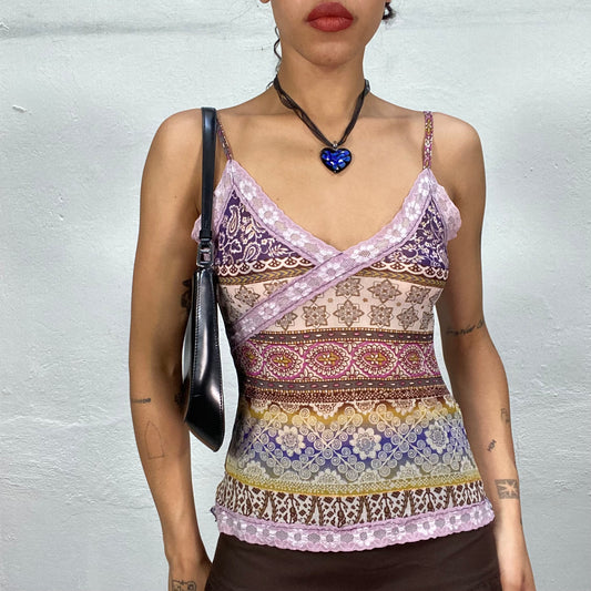 Vintage 2000's Indie Multi Colour Cami Top with Mosaic Print and Lace Trim (S)