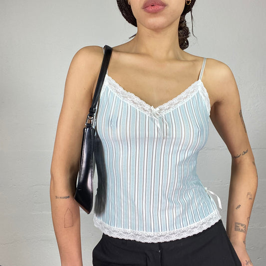 Vintage 2000's Downtown Girl Blue Cami Top with Pastel Stripes Print (M)