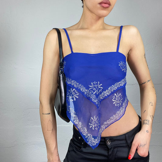 Vintage 2000's Festival Electric Blue Crop Top with Open Back and Mandala Print (S)