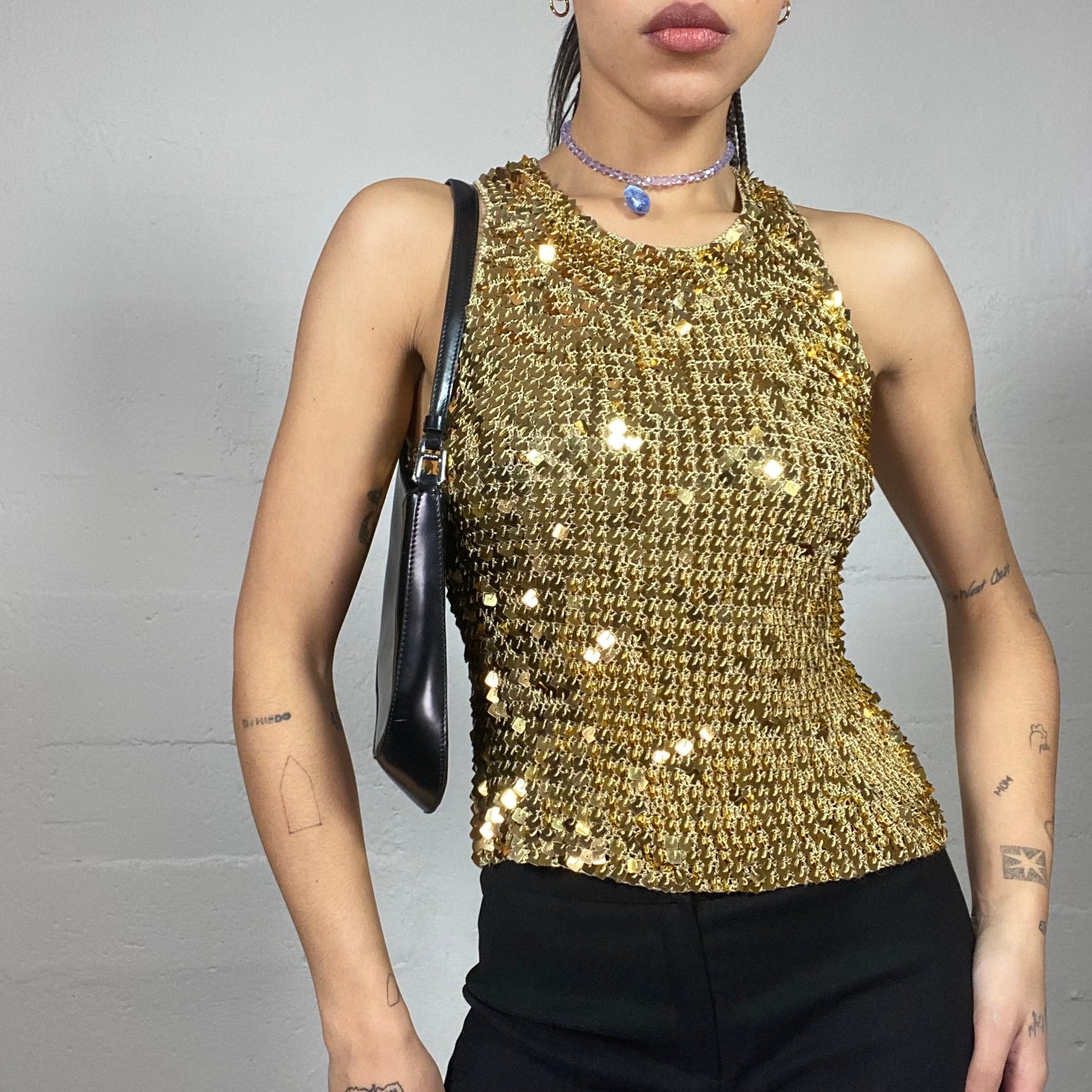 Vintage 90's Festive Golden Top with Sequins Material Detail (S)