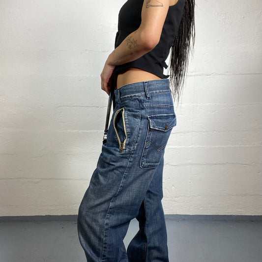 Vintage 90's Rave Girl Denim Cargo Pants with Pockets and Maille Material Detail (S/M)