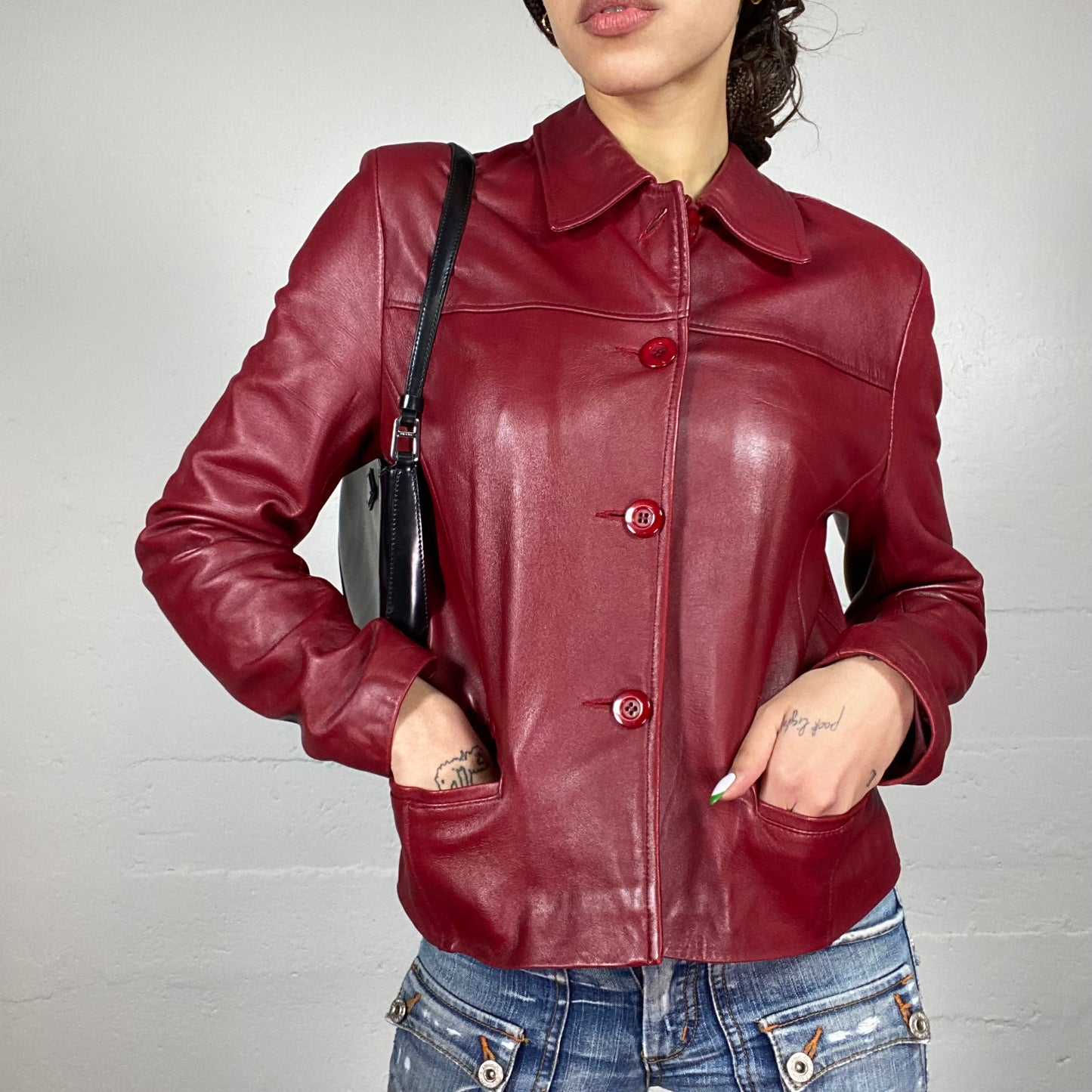 Vintage 2000 Classic Dark Red Leather Jacket With Buttons M Vintage 2000 Classic Dark Red Leather Jacket With Buttons M
