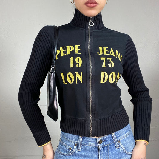 Vintage 2000's Pepe Jeans Downtown Girl Black Zip Up Jacket with Yellow "1973 London" Print (S)