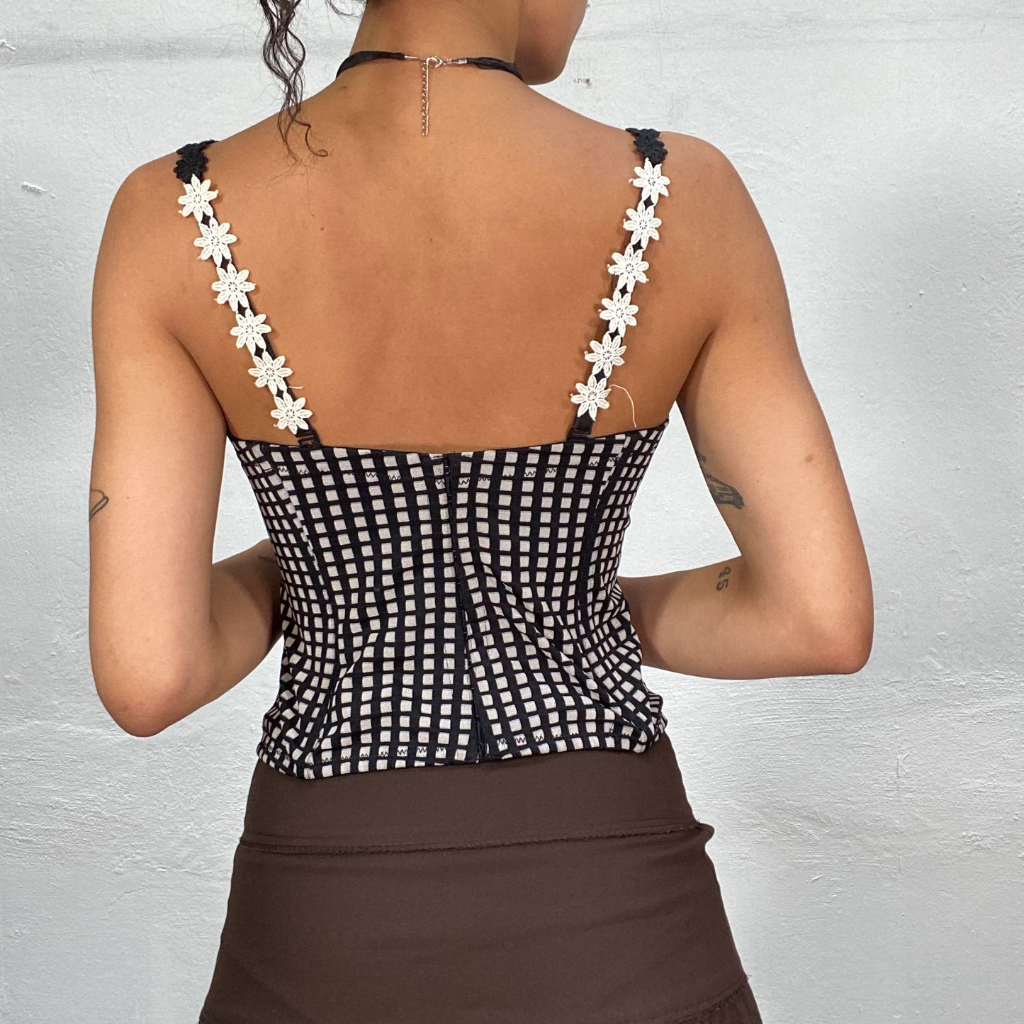 Vintage 2000's Romantic Black and White Corset Top with Vichy Pattern and Floral Straps (S)