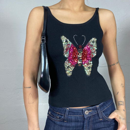 Vintage 2000's Downtown Girl Black Top with Pink Butterfly Sequin Print (S/M)