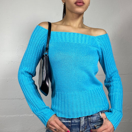 Vintage 2000's Downtown Girl Aqua Blue Off Shoulder Jumper With Knitted Material (S/M)
