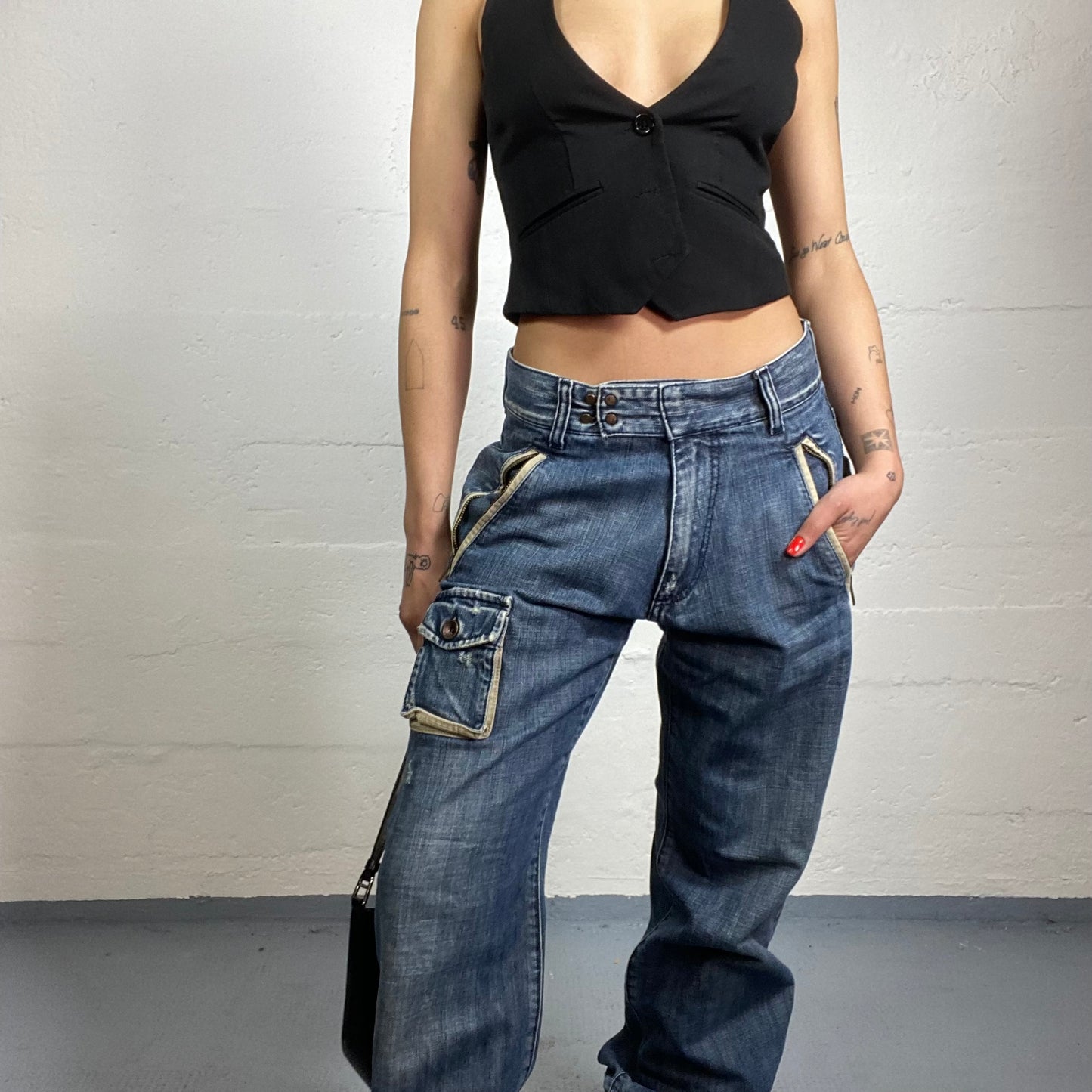 Vintage 90's Rave Girl Denim Cargo Pants with Pockets and Maille Material Detail (S/M)