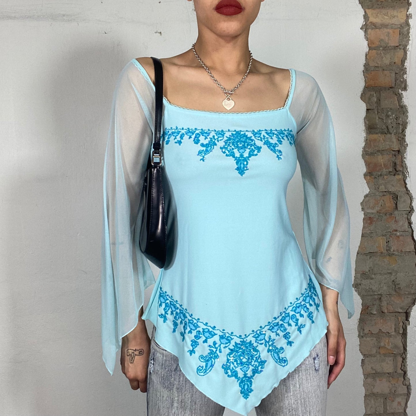 Vintage 90's Indie Blue Mesh Blouse with Triangle Hem and Ornament Embroidery (S)