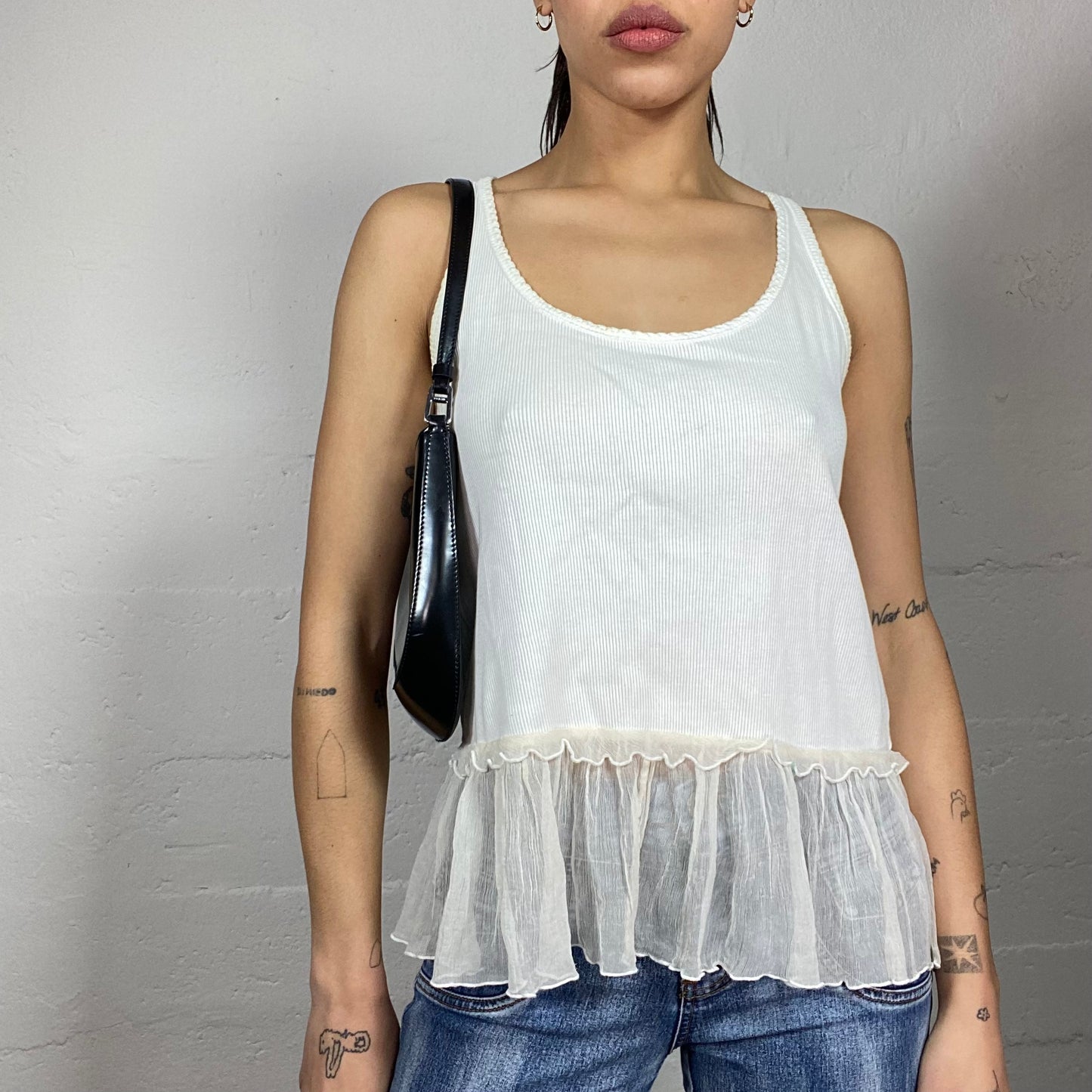 Vintage 2000's Sleaze White Top with Mesh Volant Detail (S/M)
