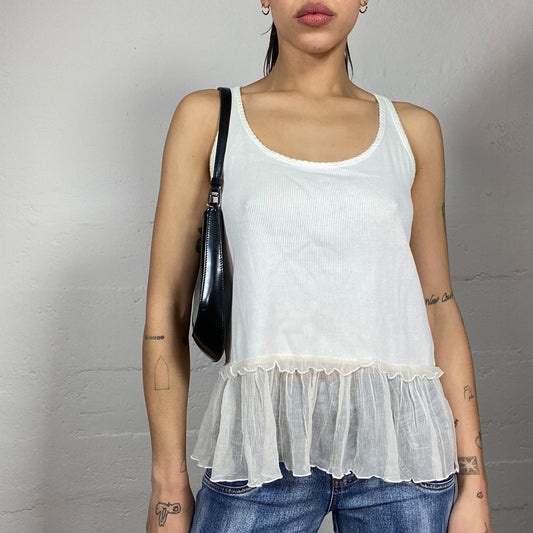 Vintage 2000's Sleaze White Top with Mesh Volant Detail (S/M)