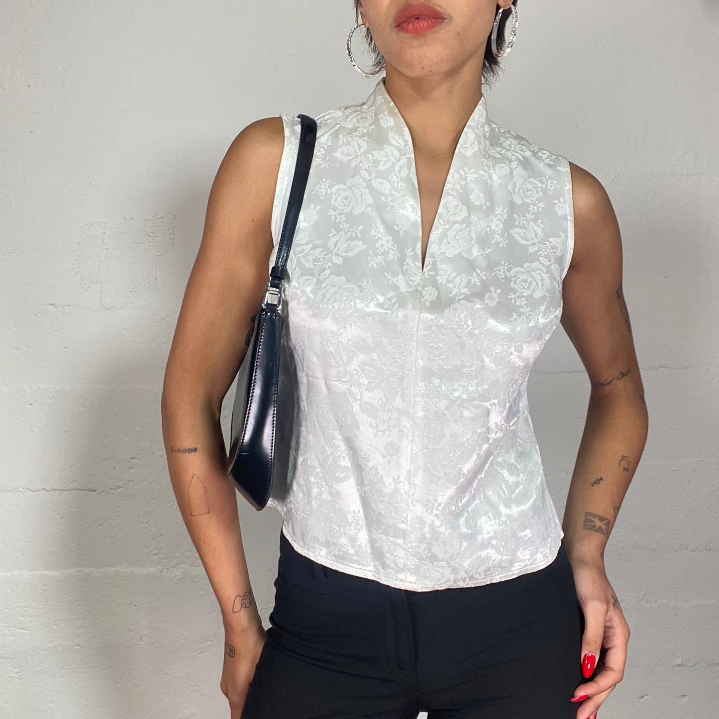 Vintage 90's Classic White High Neck Top with Satined Material and Rose Embellishment (S/M)