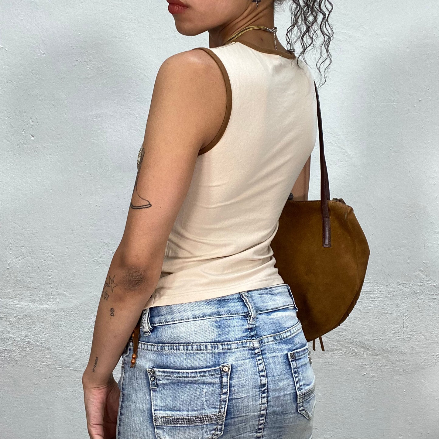 Vintage 90's Indie Beige Tank Top with Mandala Print and Sequin Details (S)