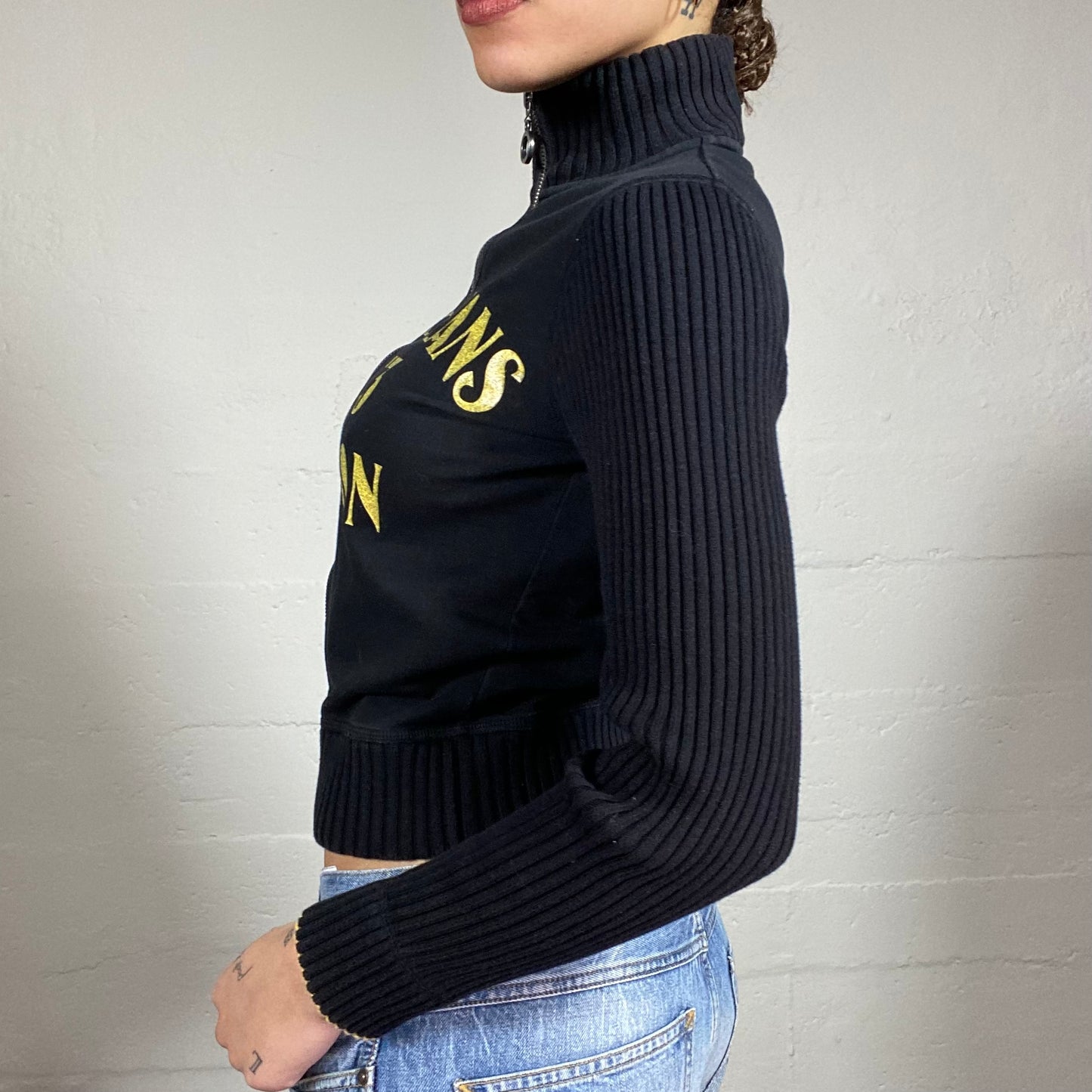 Vintage 2000's Pepe Jeans Downtown Girl Black Zip Up Jacket with Yellow "1973 London" Print (S)