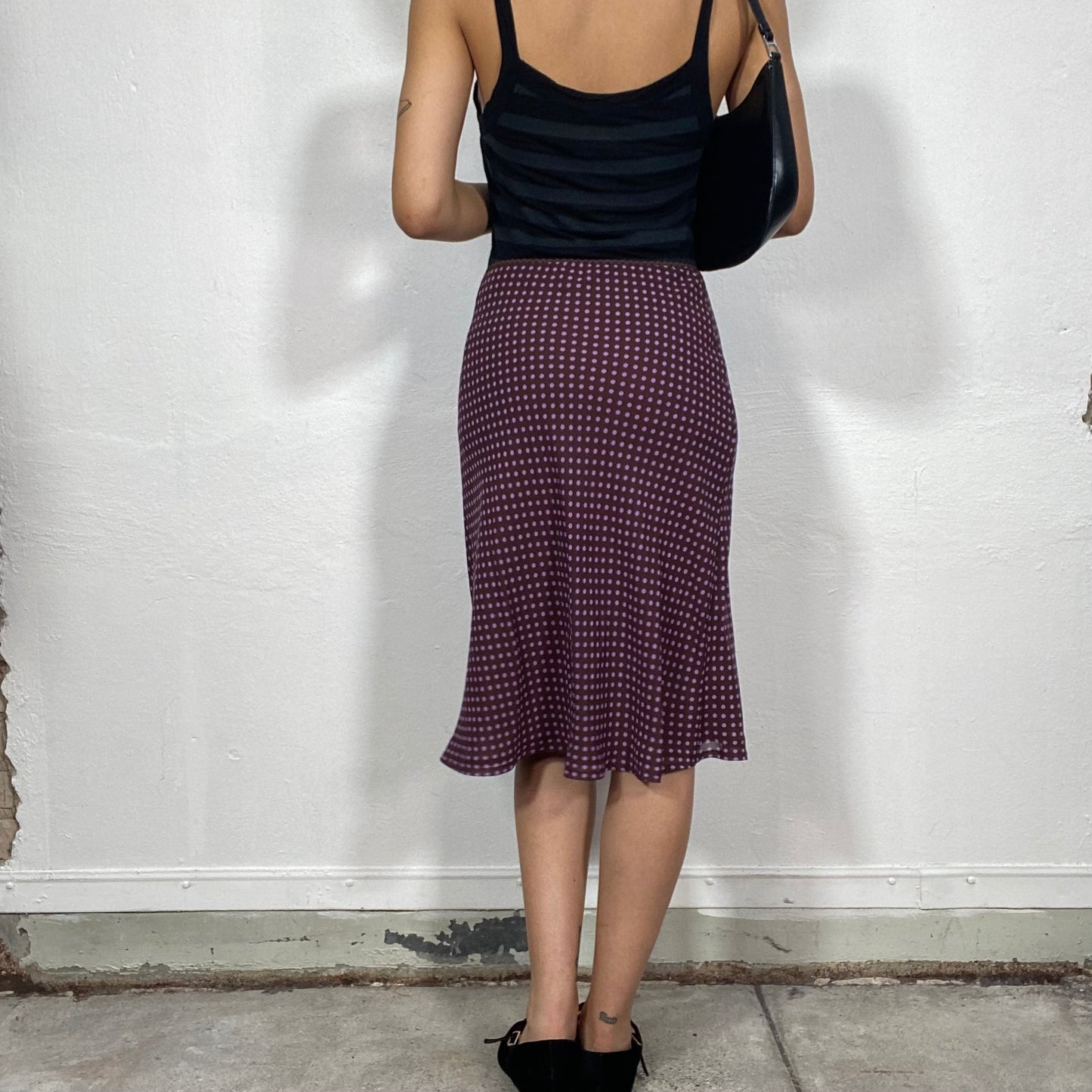 Vintage 90's Downtown Girl Brown Midi Skirt with Pink Polka Dots (S/M)