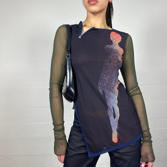 Vintage 2000's Cop Copine Indie Navy Blue Long Top with Mesh Green Longsleeve and Silhouette Print (S)