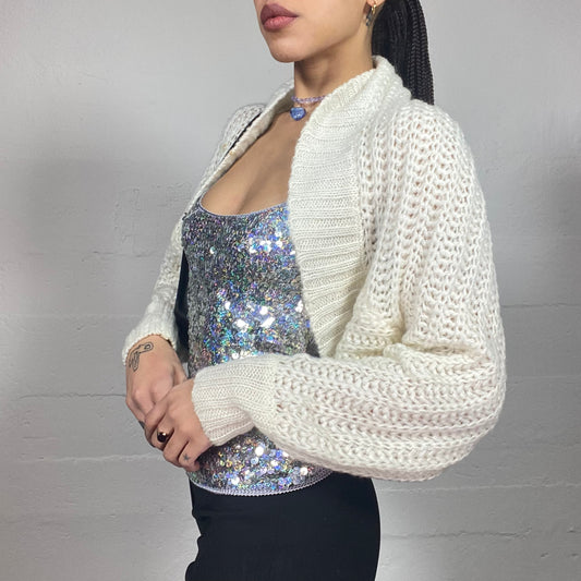 Vintage 90's Cute White Knit Open Cardigan (M)