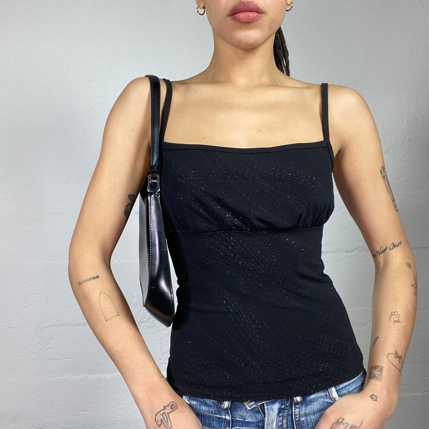 Vintage 2000's Downtown Girl Black Top with Square Neckline Detail (S)