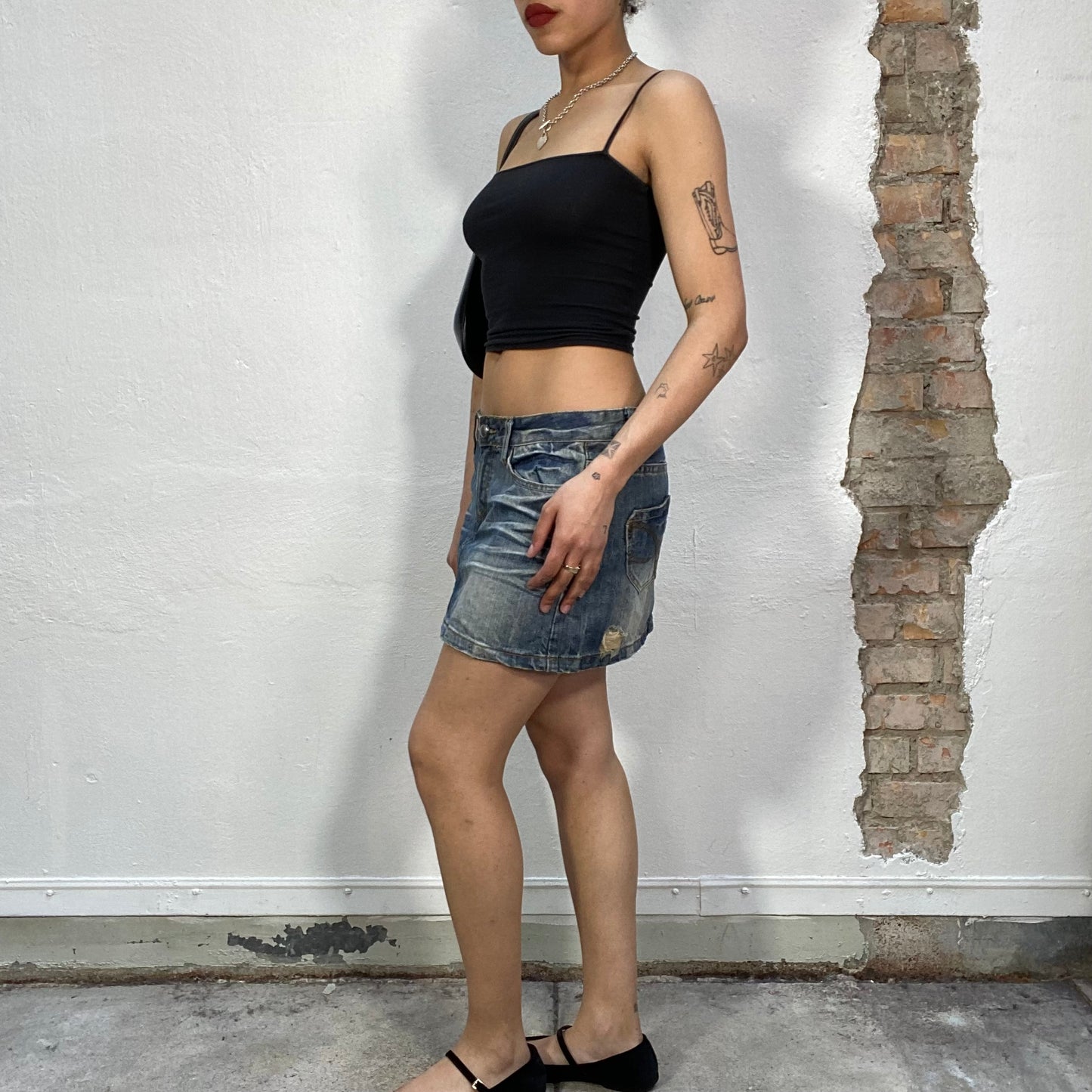 Vintage 2000's Sleaze Denim Mini Skirt with Distressed Details (S/M)