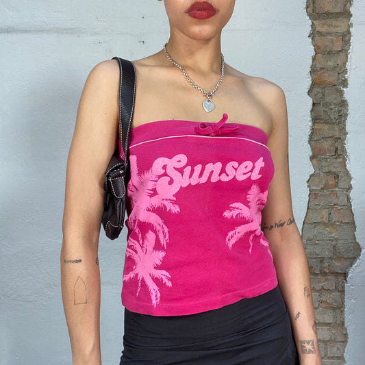 Vintage 2000's Summer Pink Tube Top with 'Sunset' and Palm Tree Print (S/M)