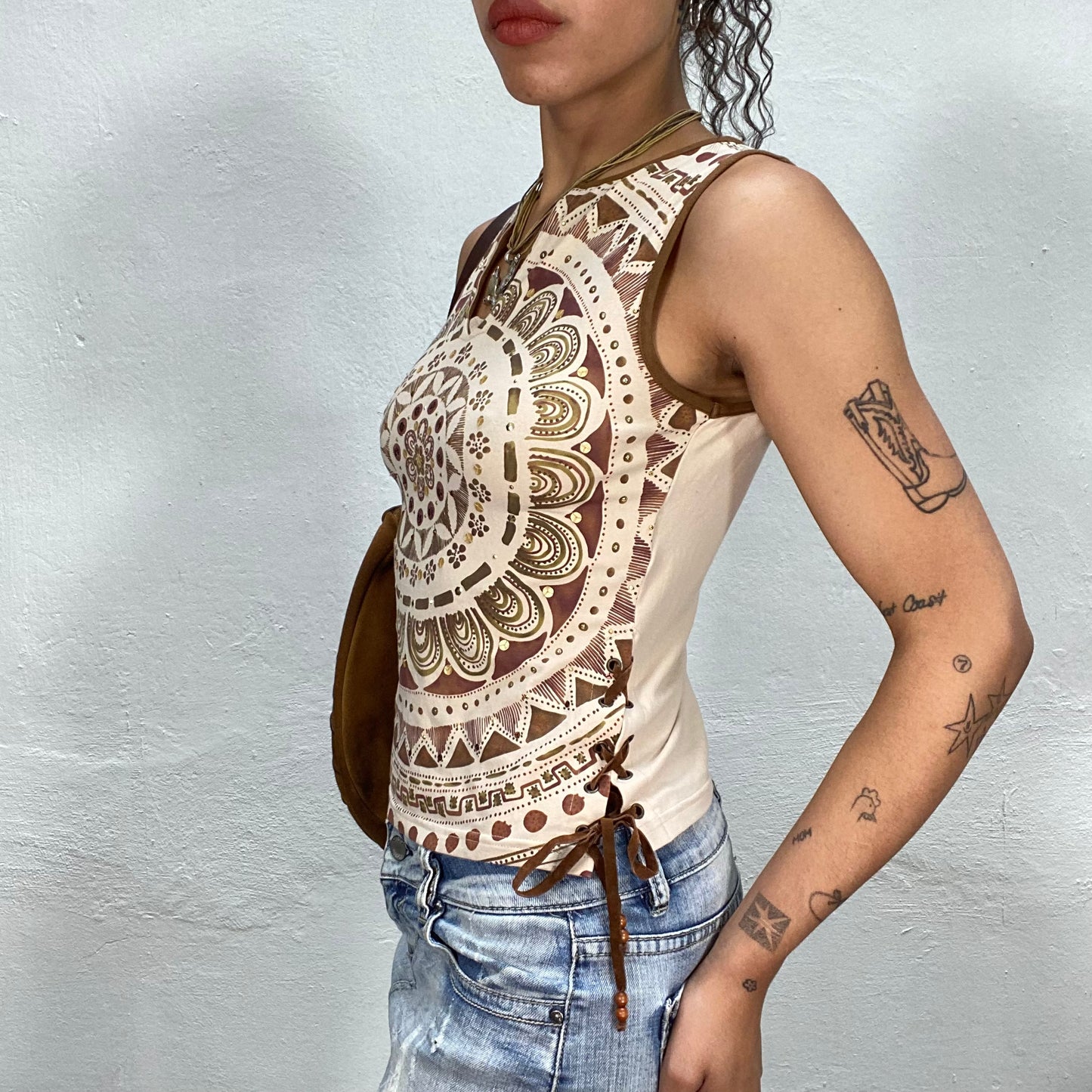 Vintage 90's Indie Beige Tank Top with Mandala Print and Sequin Details (S)