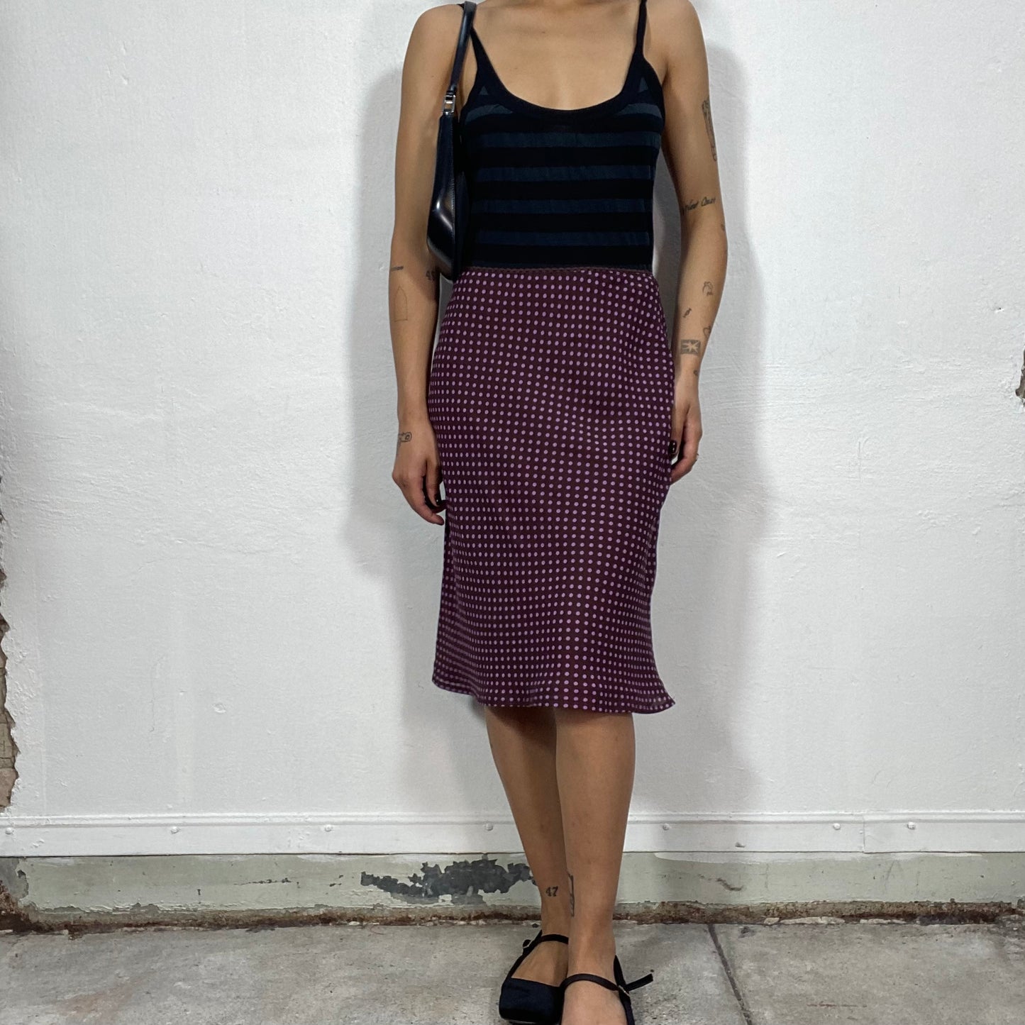 Vintage 90's Downtown Girl Brown Midi Skirt with Pink Polka Dots (S/M)