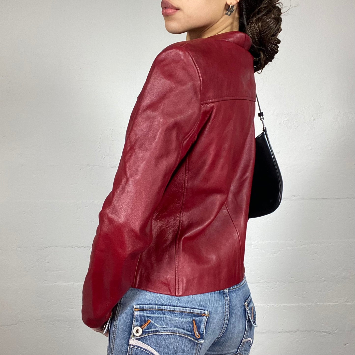 Vintage 2000 Classic Dark Red Leather Jacket with Buttons (M)