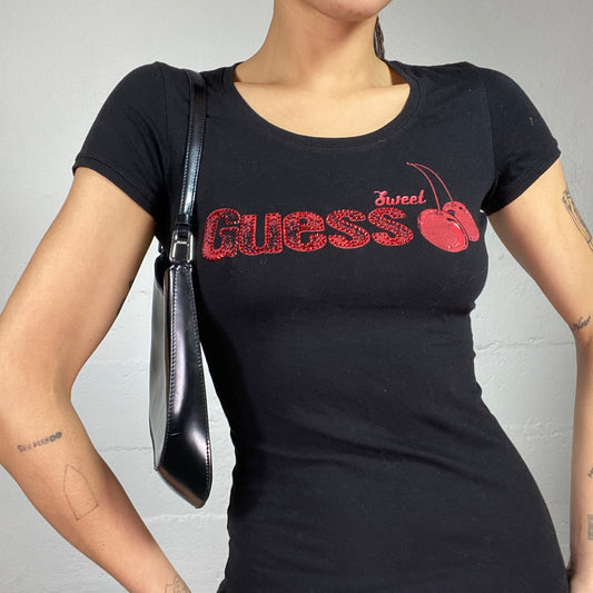 Vintage 2000's Guess Downtown Girl Black Top with "Sweet Guess" Red Cherry Print (S)