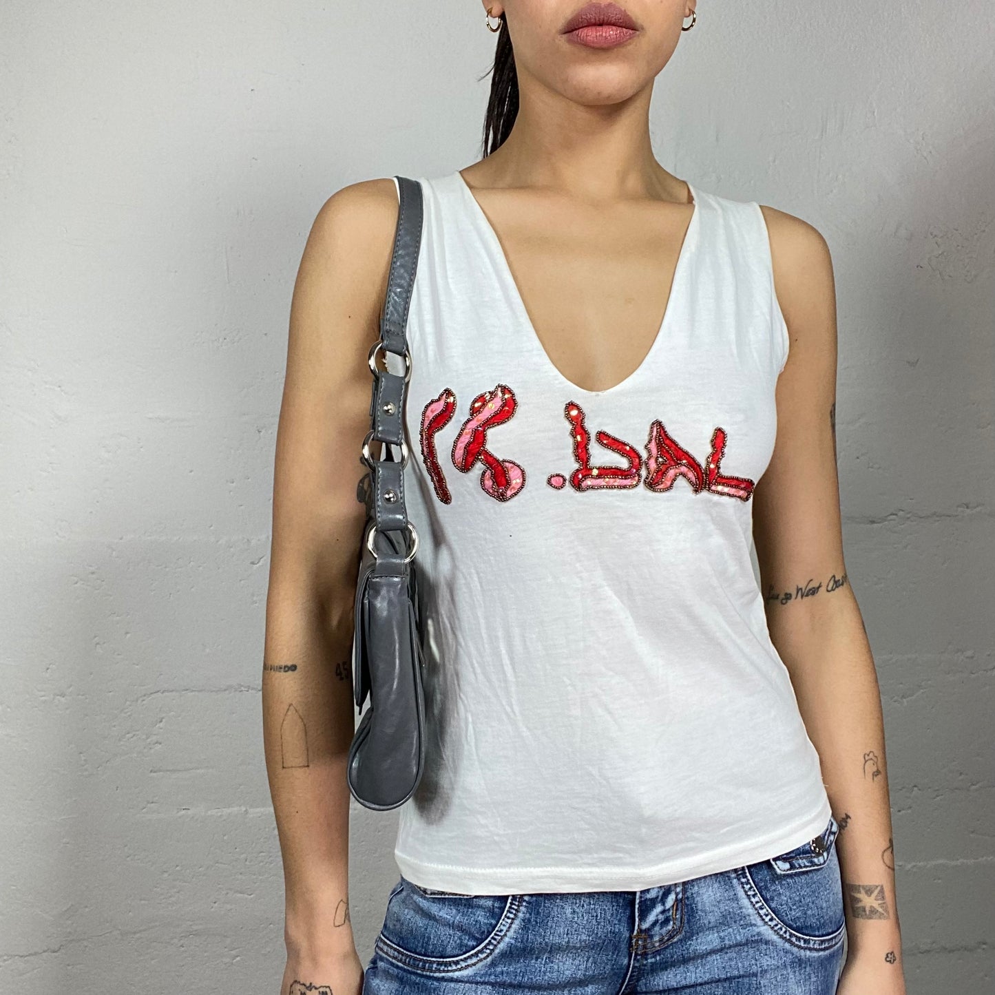 Vintage 2000's Downtown Girl White Top with Red Sequins & Rhinestones Print (S)