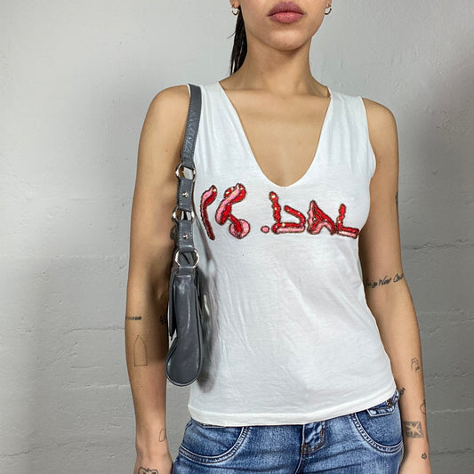 Vintage 2000's Downtown Girl White Top with Red Sequins & Rhinestones Print (S)
