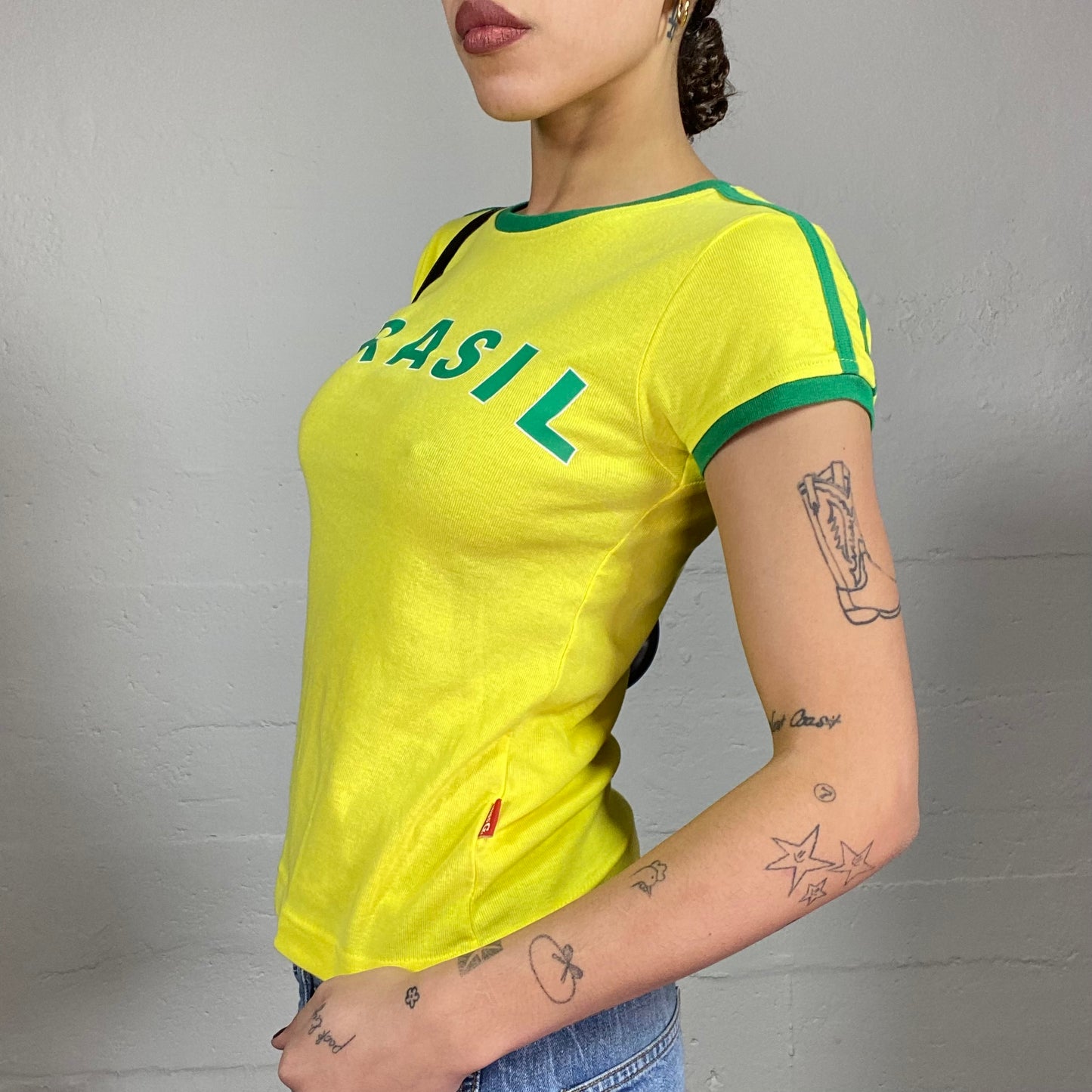 Vintage 2000's Sporty Yellow Football Top with Green "Brasil" Print (S)