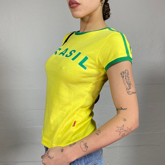 Vintage 2000's Sporty Yellow Football Top with Green "Brasil" Print (S)