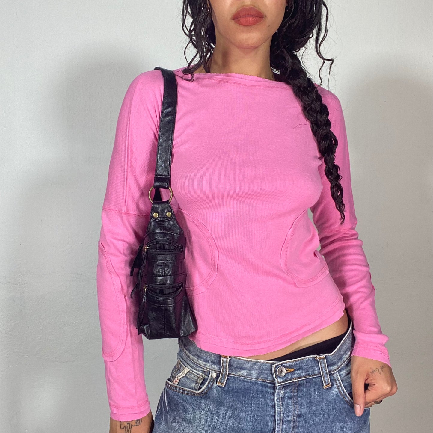 Vintage 2000's Barbie Girl Pink Longsleeve Top with Circular Padded Pocket Detail (S)