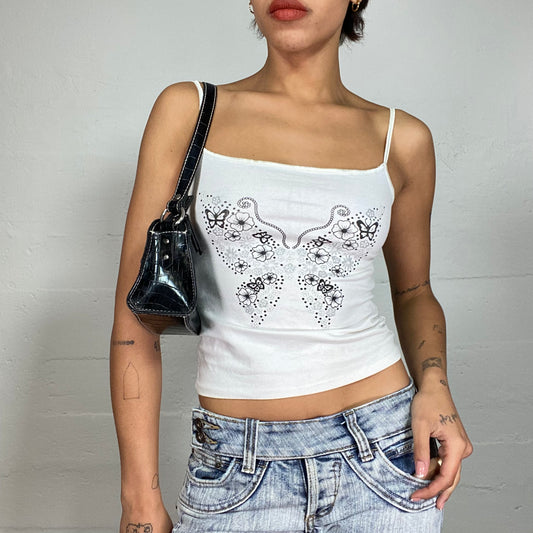 Vintage 2000's Soft Girl White Top with Black Butterfly Print (S)