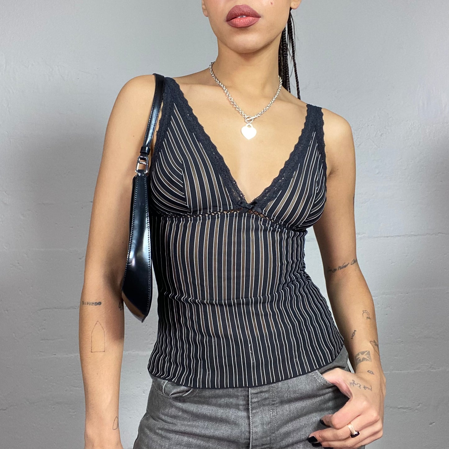 Vintage 90's Coquette Black Top with Pinstripes Print and Ribbon Detail (S)