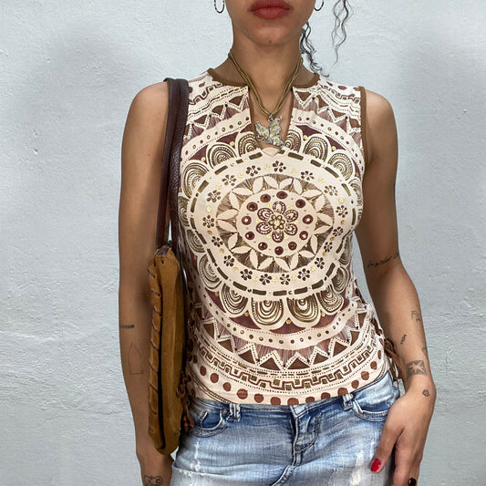 Vintage 90's Indie Beige Tank Top with Mandala Print and Sequin Details (S)