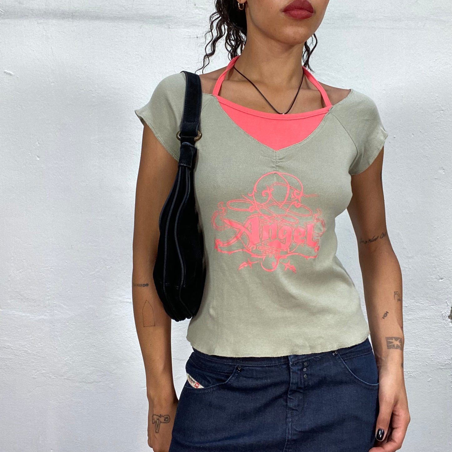 Vintage 2000's Downtown Girl Khaki Layered Top with "Angel" Print (S/M)