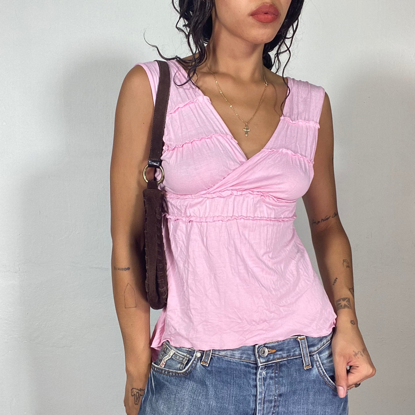 Vintage 2000's Soft Girl Pink Asymmetric Top with V-Neck and Frilled Chest Part (S)