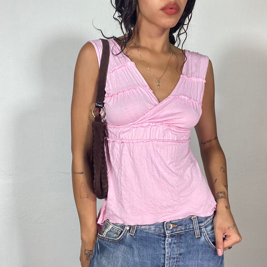 Vintage 2000's Soft Girl Pink Asymmetric Top with V-Neck and Frilled Chest Part (S)
