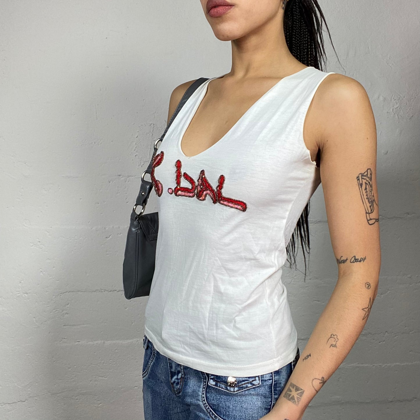 Vintage 2000's Downtown Girl White Top with Red Sequins & Rhinestones Print (S)