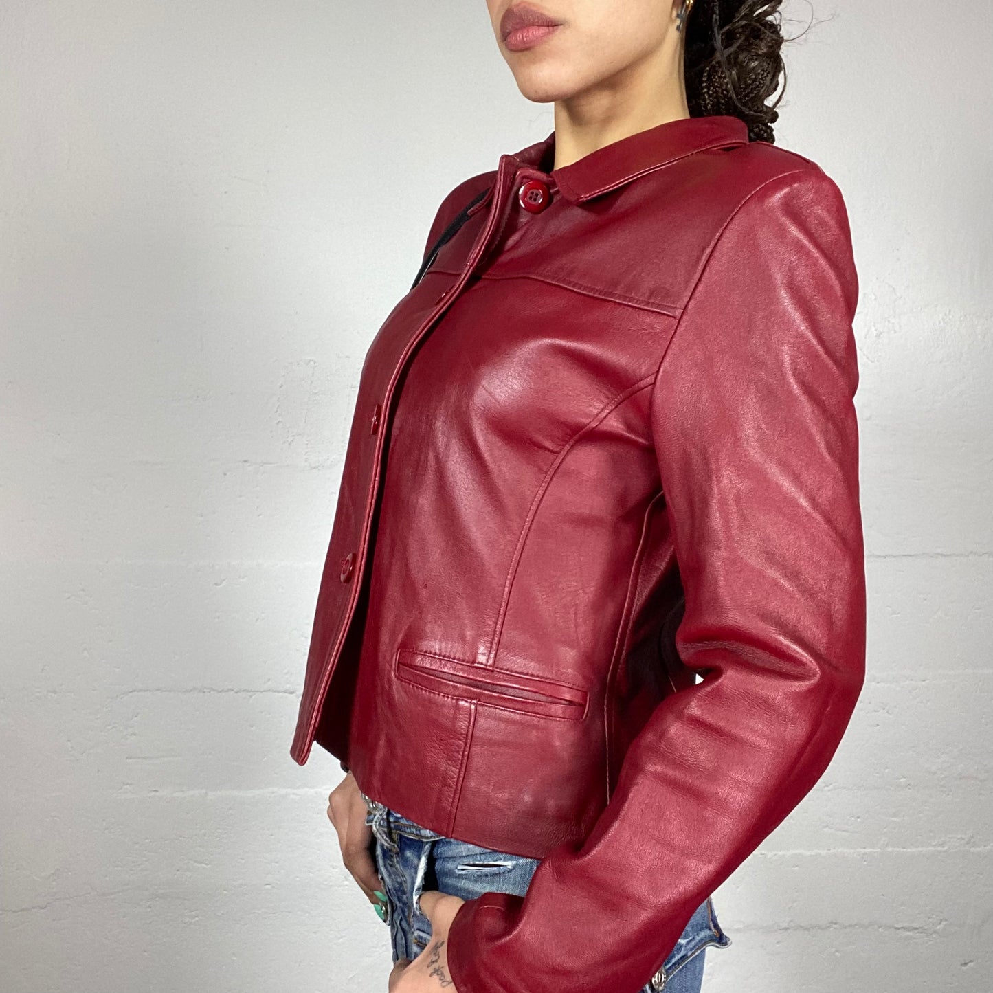 Vintage 2000 Classic Dark Red Leather Jacket with Buttons (M)