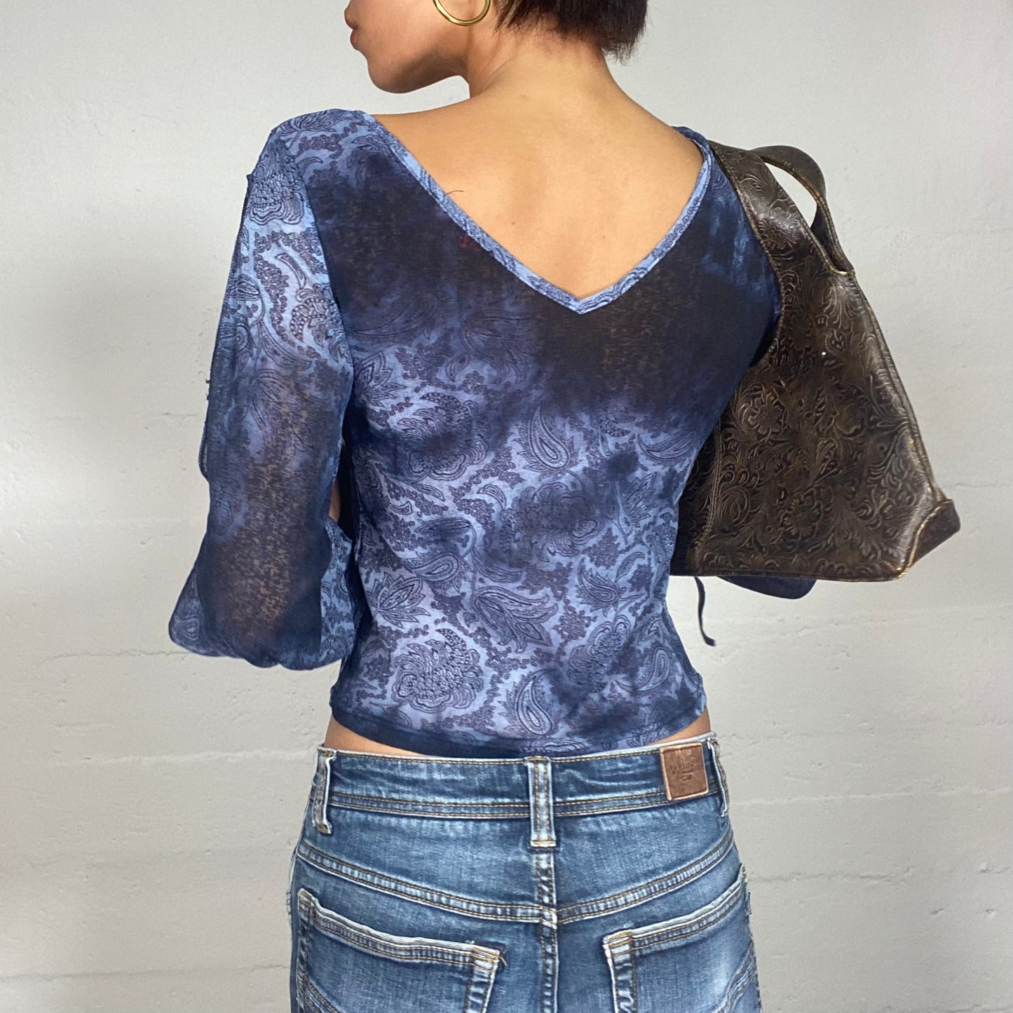 Vintage 90's Indie Deep Blue Longlseeve Top with Paisley Print and Open Sleeves (S)