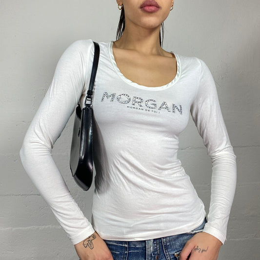 Vintage 2000's Morgan Downtown Girl White Longsleeve Top with Rhinestones Print Chest  (S)