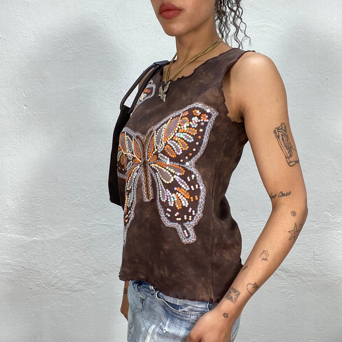 Vintage 90's Indie Brown Tank Top with Sequin Butterfly Print (M/L)