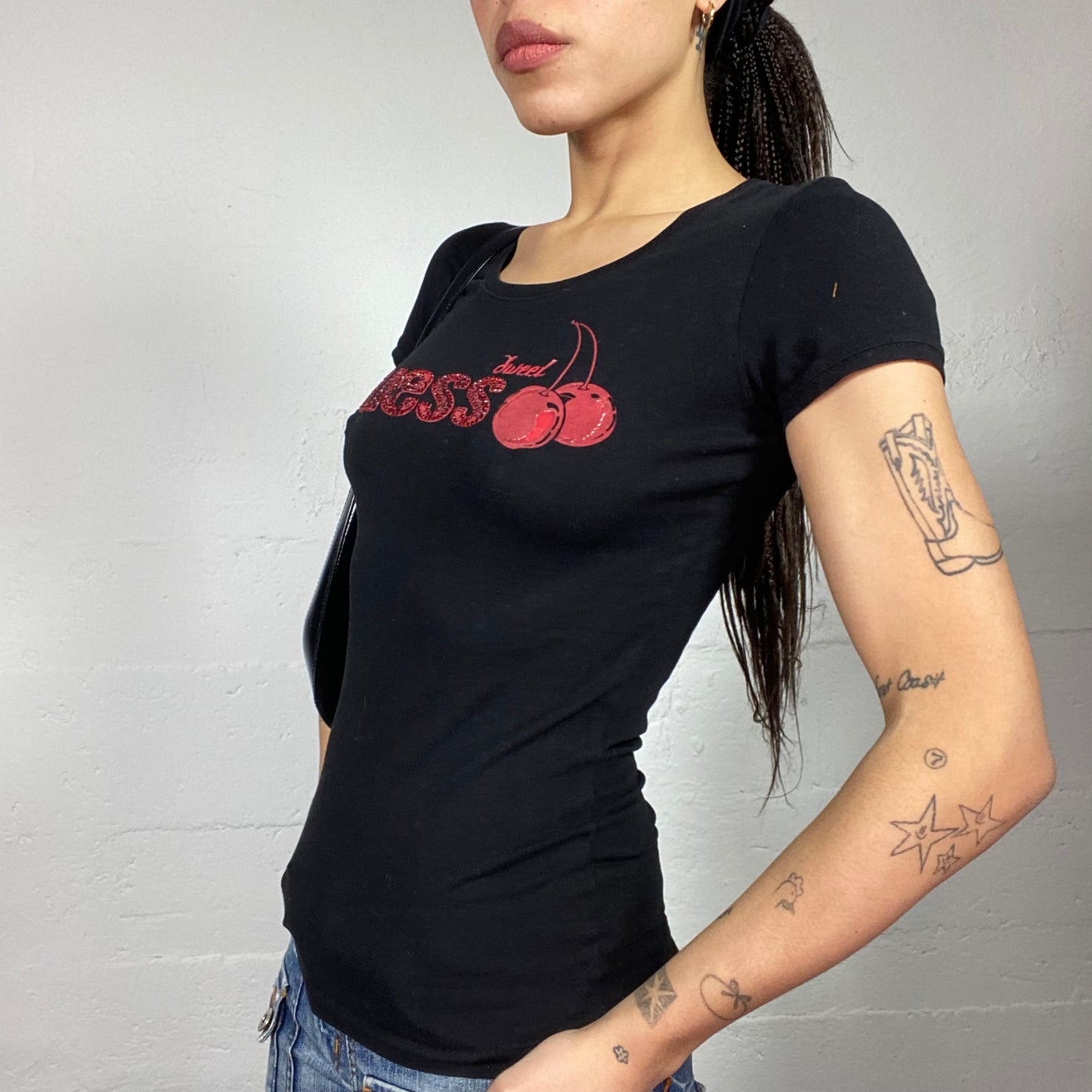 Vintage 2000's Guess Downtown Girl Black Top with "Sweet Guess" Red Cherry Print (S)