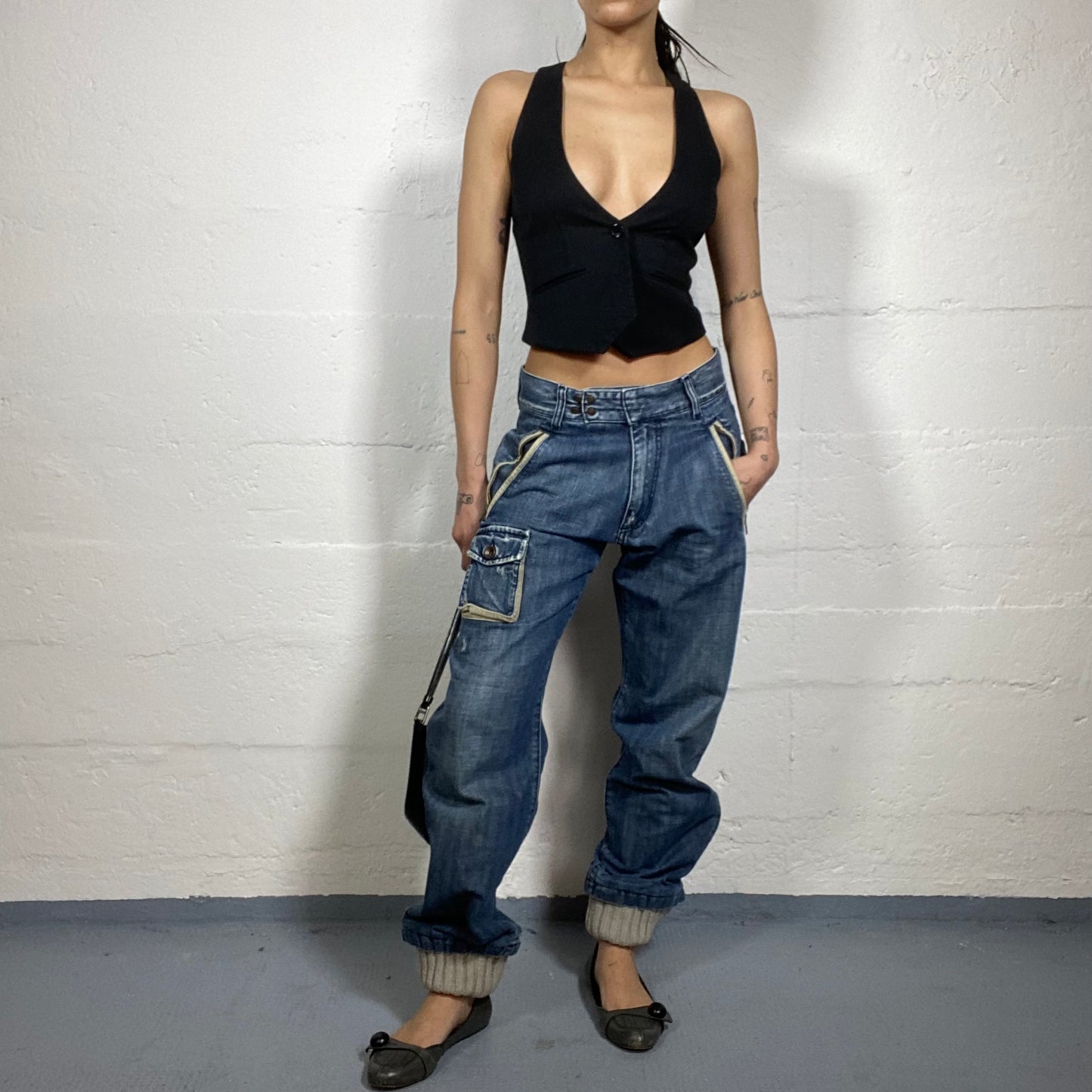 Vintage 90's Rave Girl Denim Cargo Pants with Pockets and Maille Material Detail (S/M)